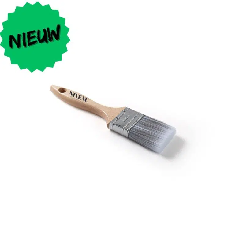 Platte kwast met houten gelakte steel en grijze nylon haren, NIVEAU Platte Kwast Nylon